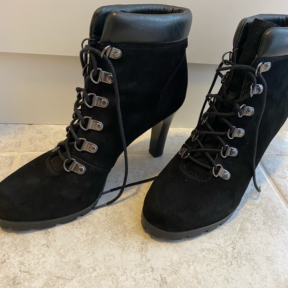 Black suede high heel booties